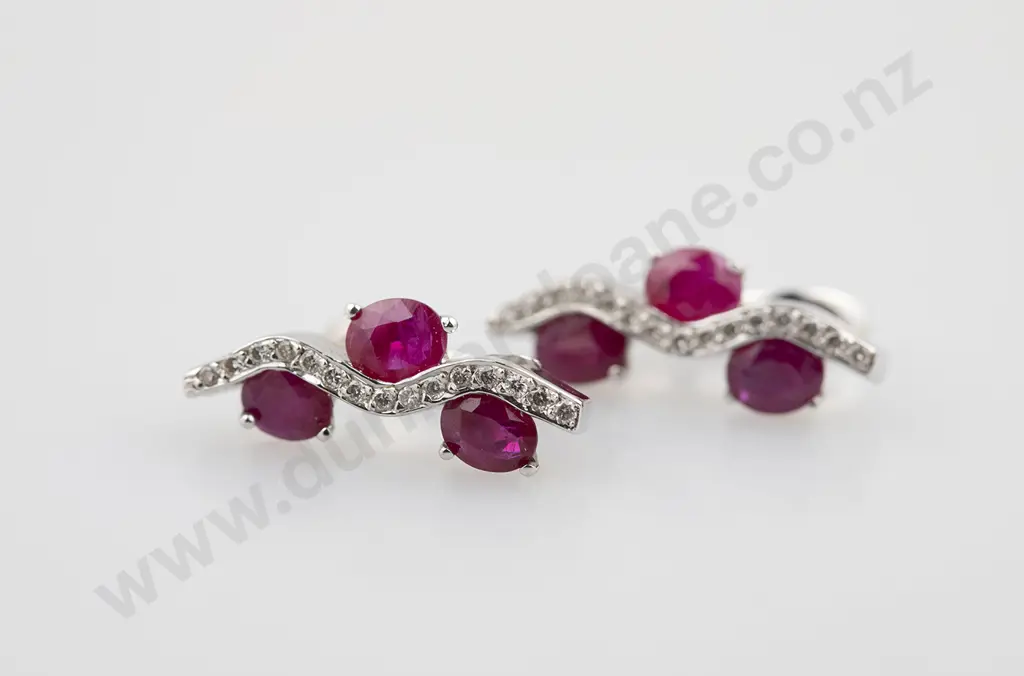 Pair 18ct White Gold Ruby & Diamond Cluster Earrings Image 1++