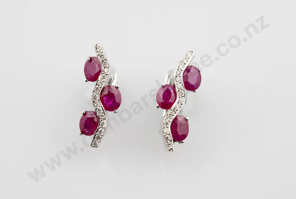 Pair 18ct White Gold Ruby & Diamond Cluster Earrings Image 1++