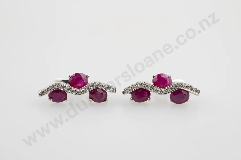 Pair 18ct White Gold Ruby & Diamond Cluster Earrings Image 1++