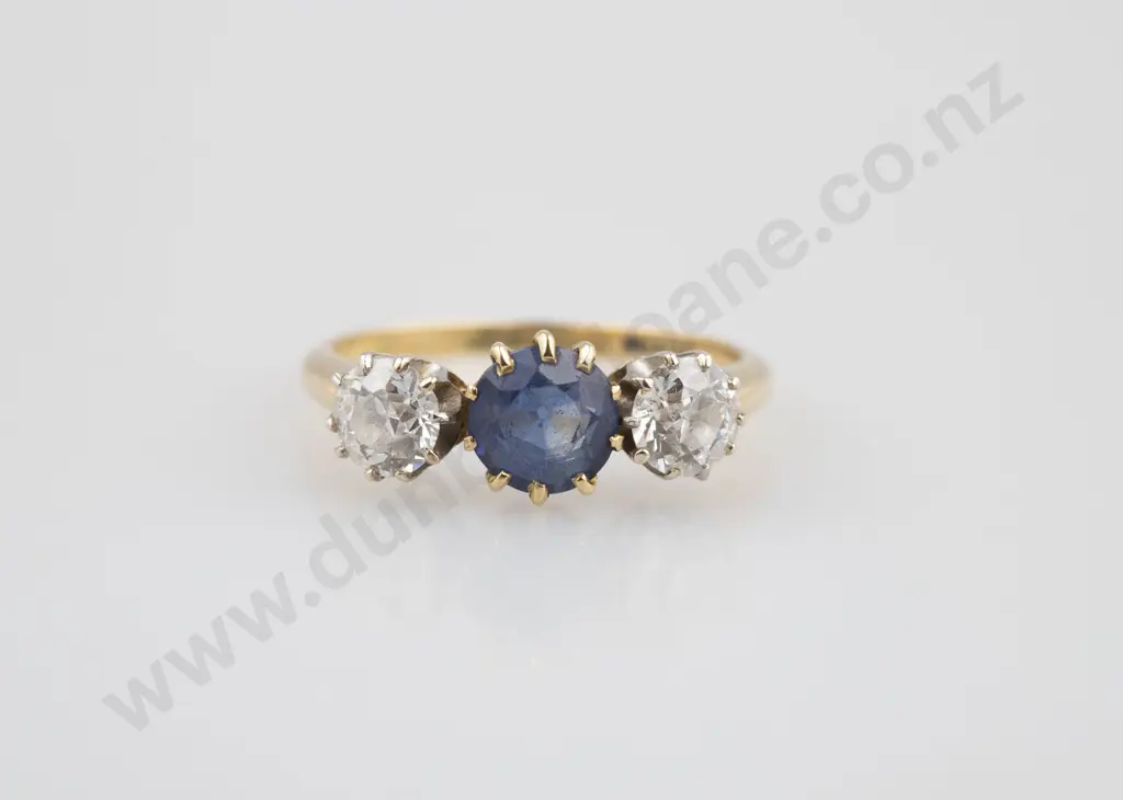 Early C20th 18ct Three Stone Sapphire & Diamond Bridge Ring Image 1++