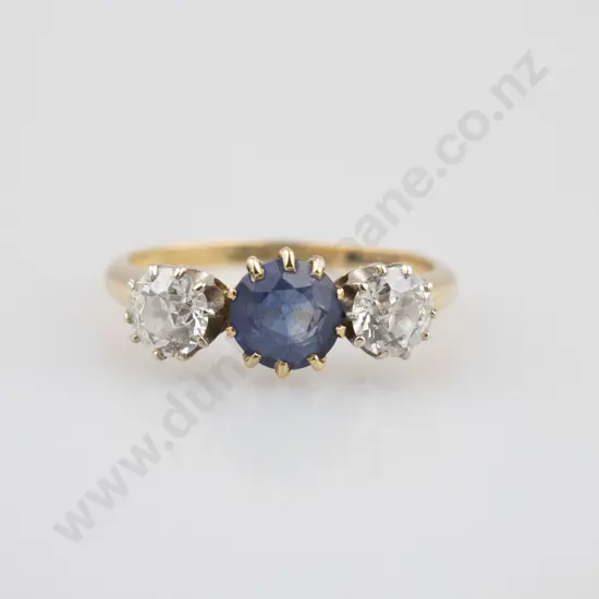 Early C20th 18ct Three Stone Sapphire & Diamond Bridge Ring