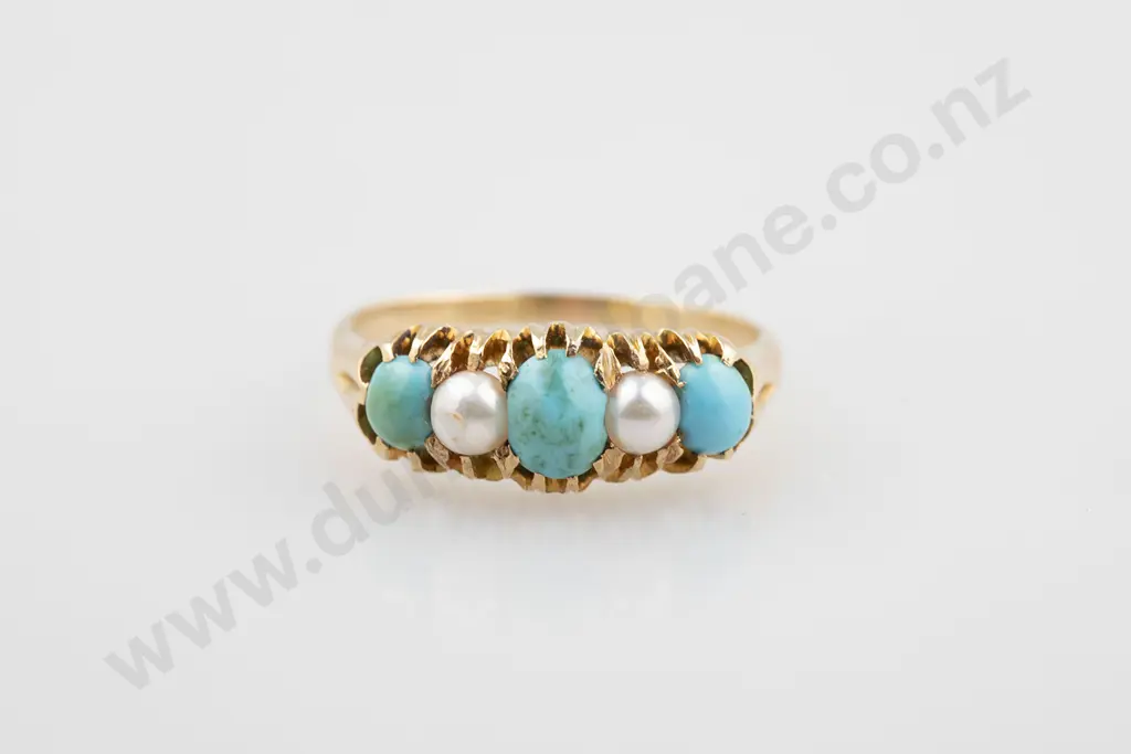 Victorian 18ct Five Stone Turquoise & Pearl Bridge Ring Image 1++