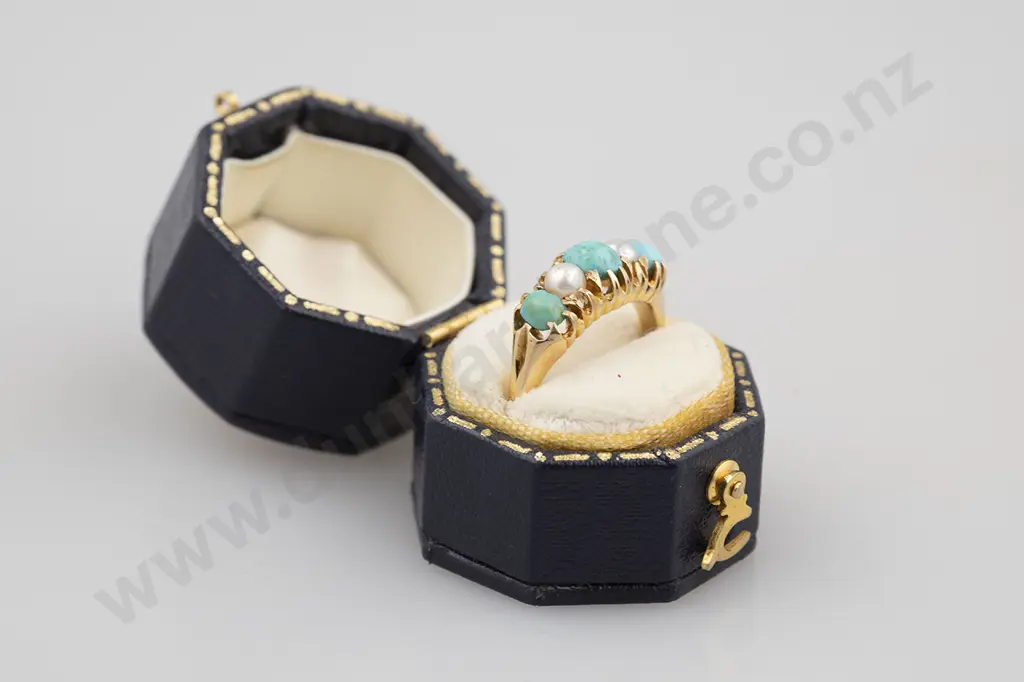 Victorian 18ct Five Stone Turquoise & Pearl Bridge Ring Image 1++