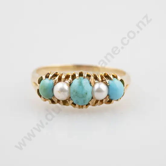 Victorian 18ct Five Stone Turquoise & Pearl Bridge Ring