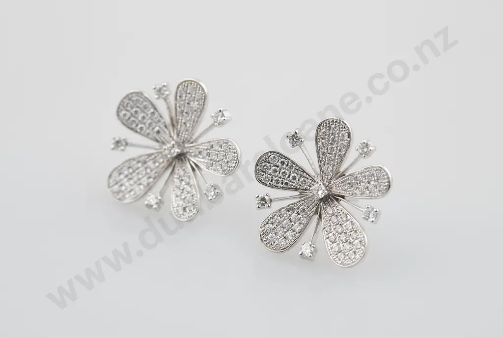 Pair 18ct Diamond Five Petal Flower Head Earrings Image 1++