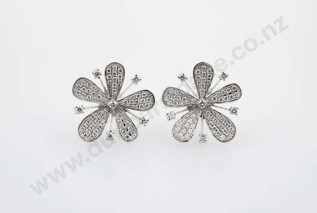 Pair 18ct Diamond Five Petal Flower Head Earrings Image 1++