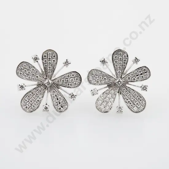 Pair 18ct Diamond Five Petal Flower Head Earrings
