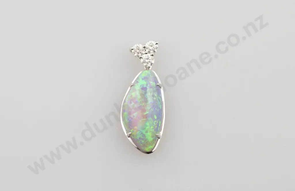 14ct White Gold Lightning Ridge Black Opal and Diamond Pendant Image 1++