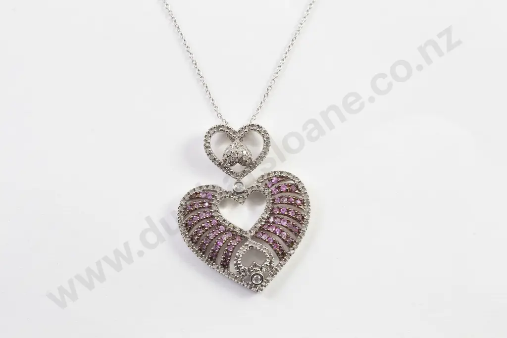 14ct White Gold 169stone Pink Sapphire & Diamond Heart Pendant Image 1++
