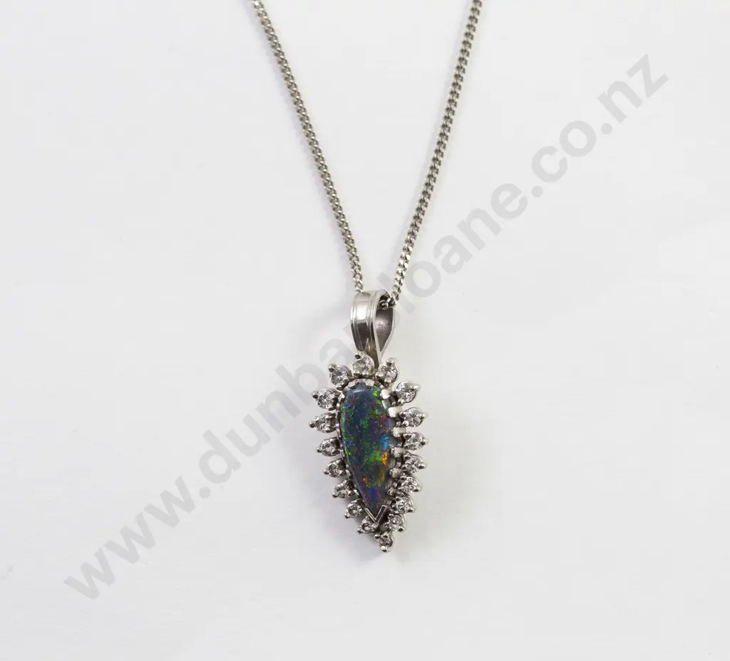 18ct White Gold 19stone Black Opal & Diamond Pendant Image 1++