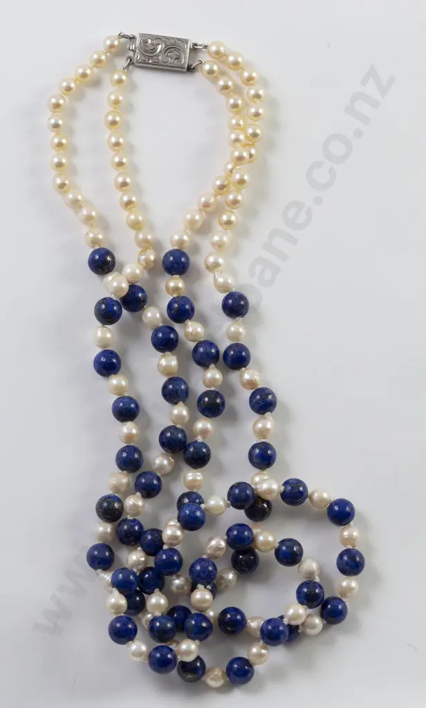 Double Strand Cultured Pearl & Lapis Lazuli Bead Necklace Image 1++