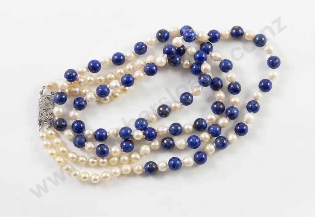 Double Strand Cultured Pearl & Lapis Lazuli Bead Necklace Image 1++