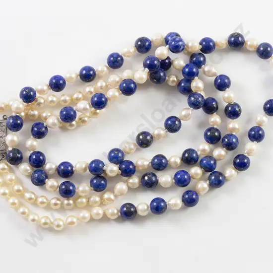Double Strand Cultured Pearl & Lapis Lazuli Bead Necklace