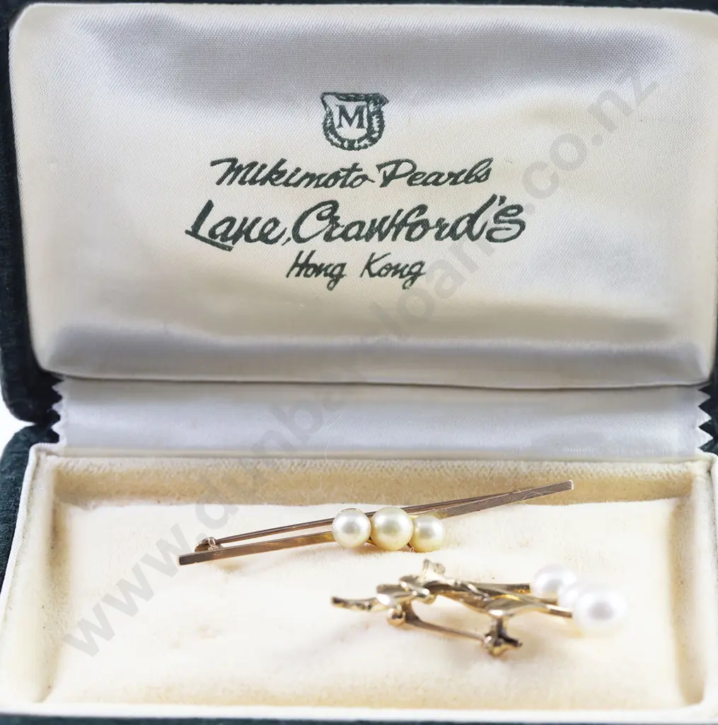 Boxed Mikimoto 14ct Three Pearl Spray Brooch Image 1++