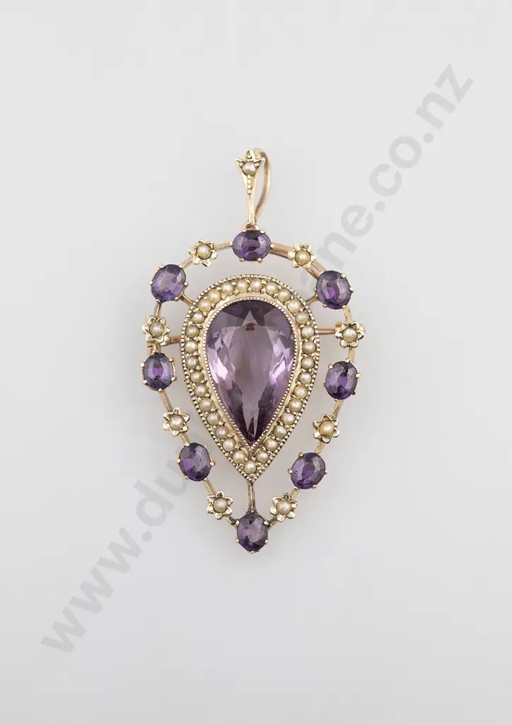 Edwardian 9ct Amethyst and Pearl Pendant/Brooch Image 1++