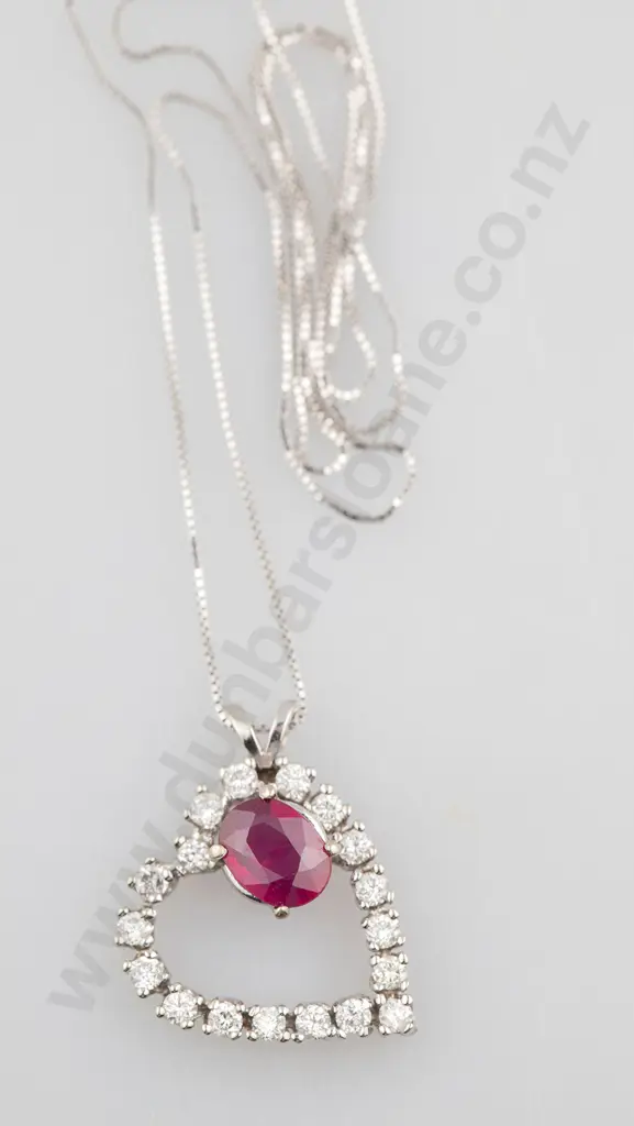 14ct White Gold 19stone Ruby & Diamond Heart Pendant Image 1++