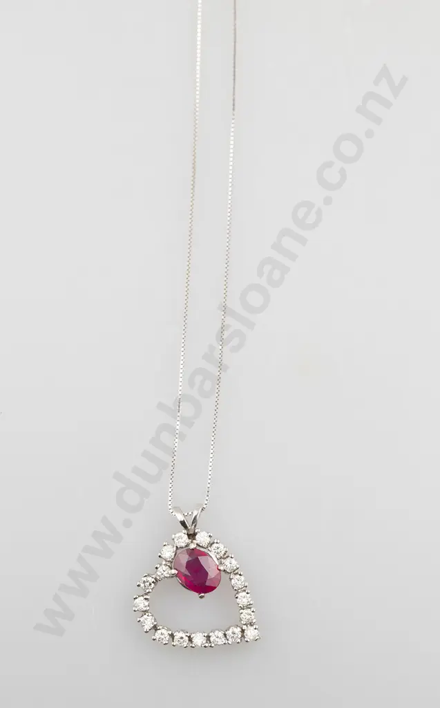 14ct White Gold 19stone Ruby & Diamond Heart Pendant Image 1++