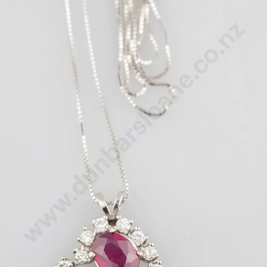 14ct White Gold 19stone Ruby & Diamond Heart Pendant