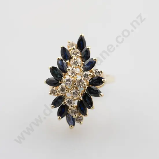 14ct 28stone Sapphire and Diamond Princess Type Cluster Ring