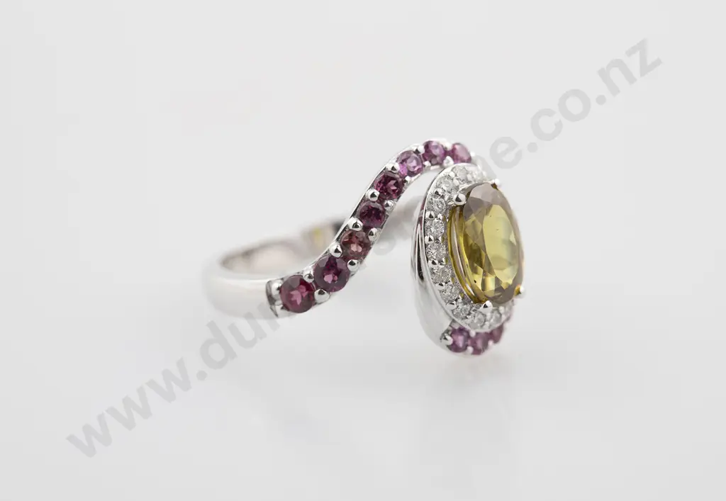 18ct White Gold Shpene (Titanite) Pink Tourmaline and Diamond Cluster Ring Image 1++