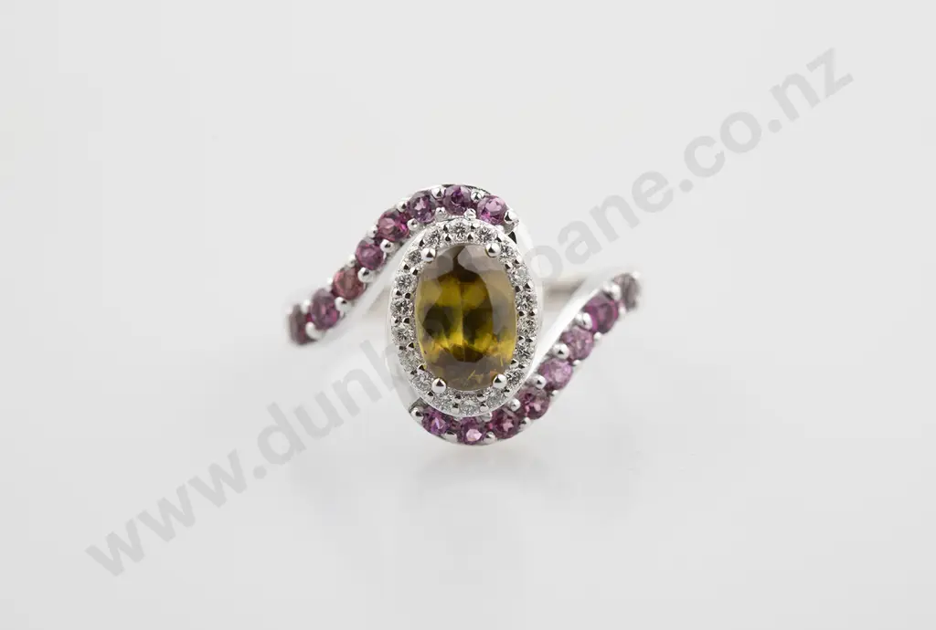 18ct White Gold Shpene (Titanite) Pink Tourmaline and Diamond Cluster Ring Image 1++