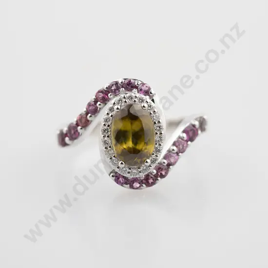 18ct White Gold Shpene (Titanite) Pink Tourmaline and Diamond Cluster Ring
