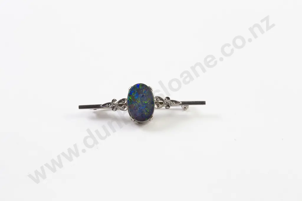 18ct White Gold Single Black Opal Triplet Bar Brooch Image 1++