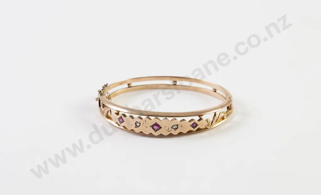 9ct Five Stone Ruby & Diamond Chip Hinged Snap Bangle Image 1++