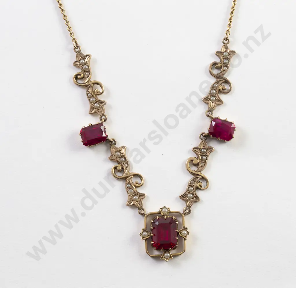 Edwardian 9ct Imitation Ruby & Pearl Necklet Image 1++