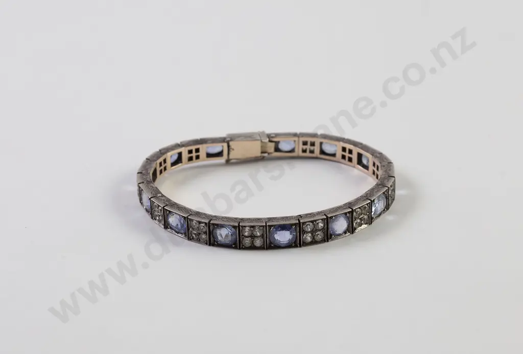 Mid C20th Silver Blue & White Sapphire Tennis Style Bracelet Image 1++