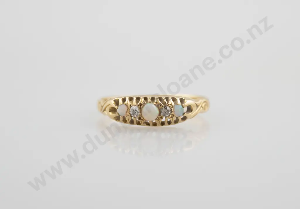 Victorian 18ct Five Stone Opal & Diamond Bridge Ring Image 1++