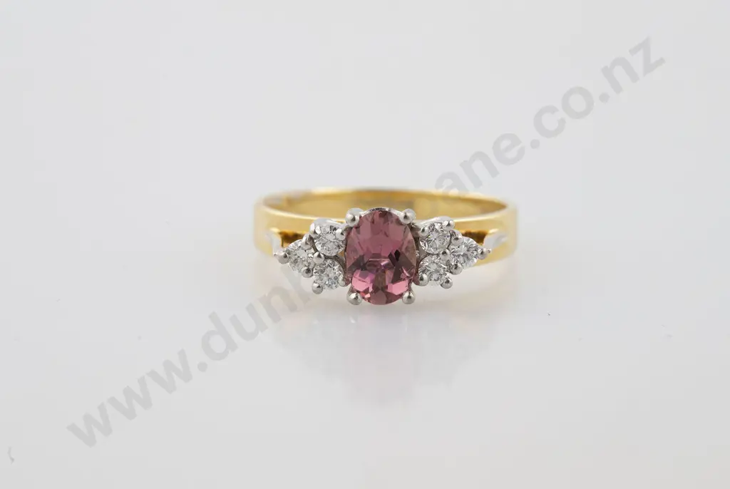 18ct Seven Stone Pink Tourmaline & Diamond Bridge Ring Image 1++