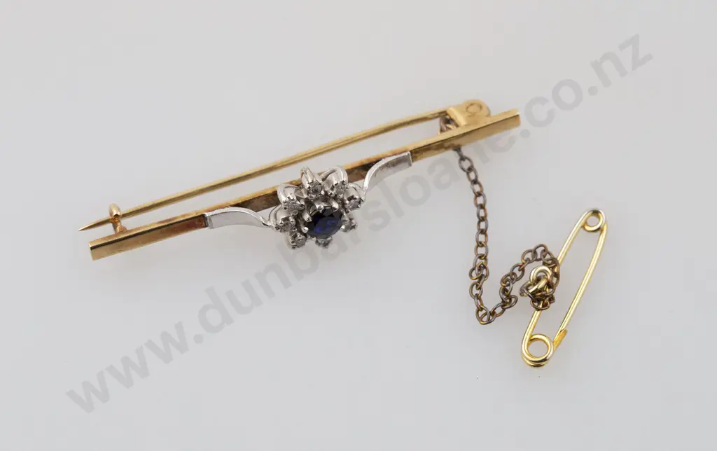 9ct Nine Stone Sapphire and Diamond Floret Cluster Bar Brooch Image 1++