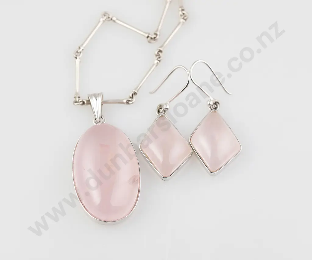 Pair 9ct White Gold Rose Quartz Pendant Earrings Image 1++