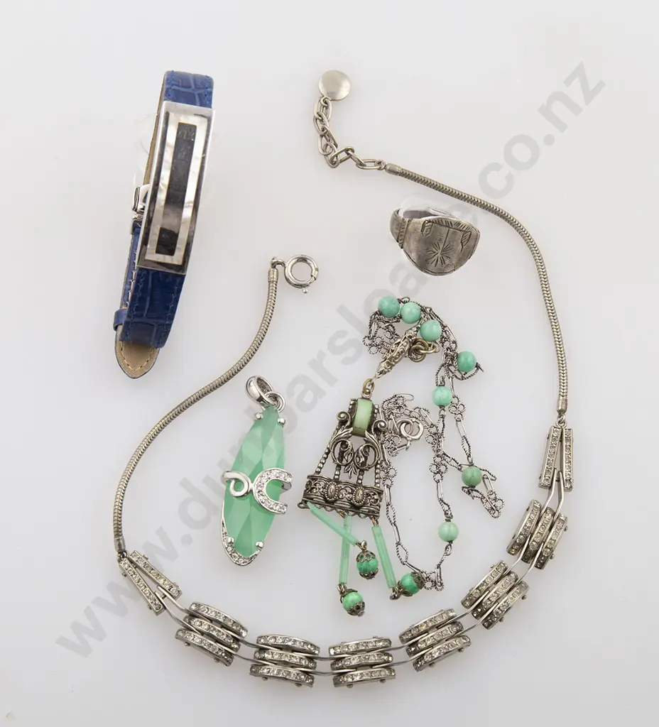 Art Deco Chrome and Diamante Necklace Image 1++