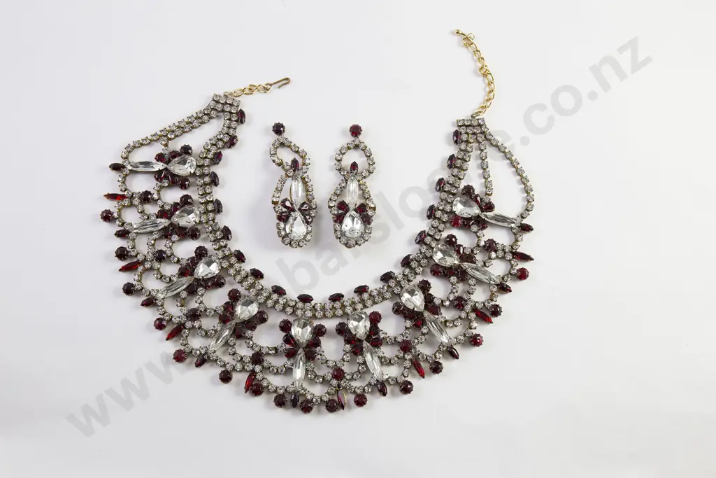 Vintage Ruby and Diamond Paste Neck Collar and Matching Earrings Image 1++