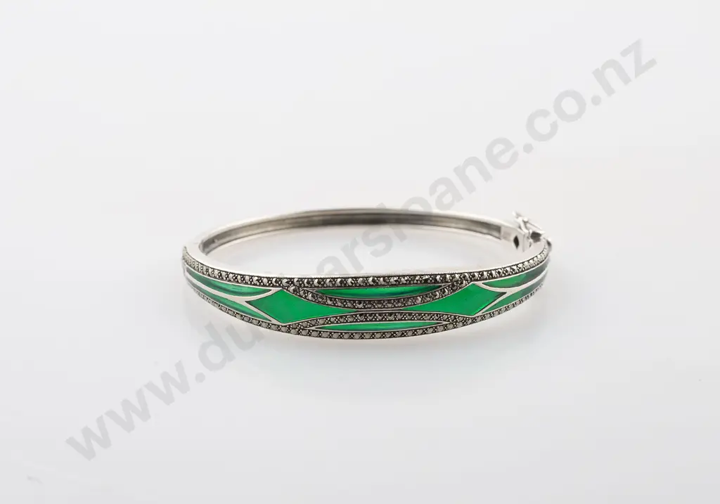 .925 Silver Marcasite and Green Glass Hinged Snap Bangle Image 1++