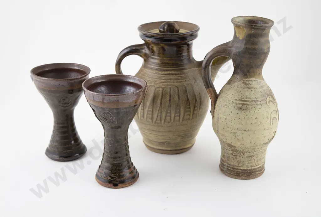 Janet Wright Coffee Pot & Other Jug with two wine goblets (4) Image 1++