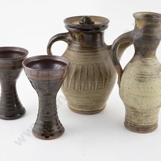 Janet Wright Coffee Pot & Other Jug with two wine goblets (4)