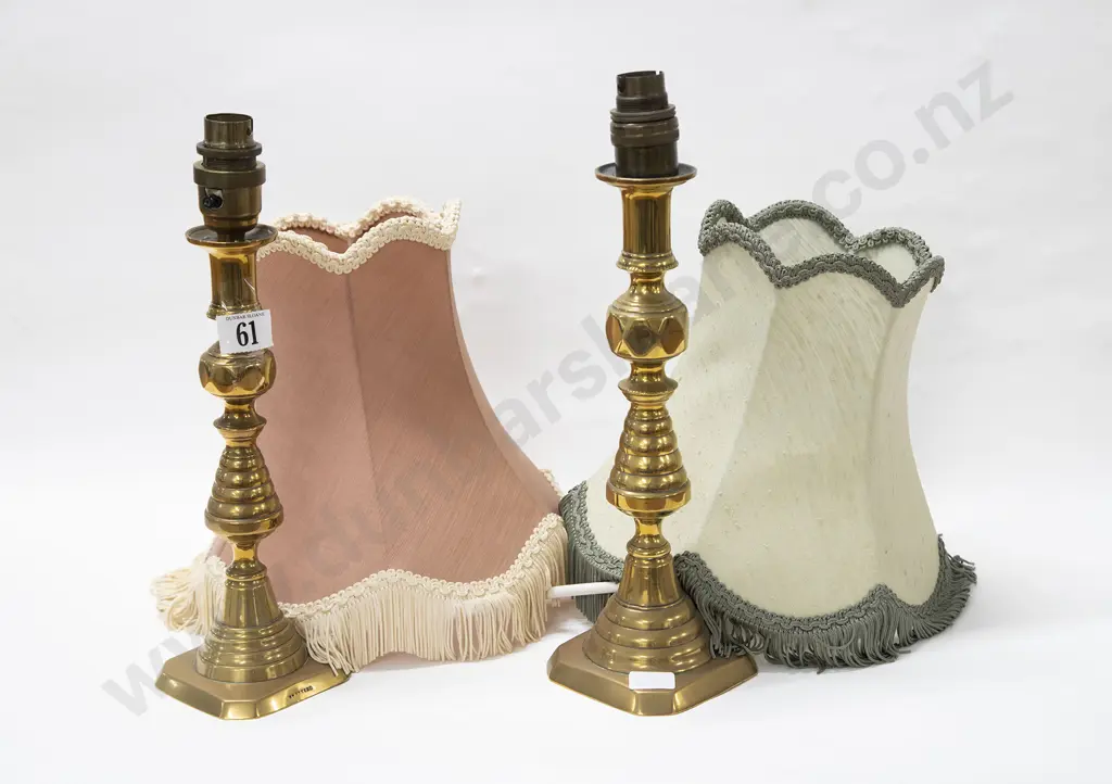 Two Brass Candlesticks Made into Lamps with Shades Image 1++