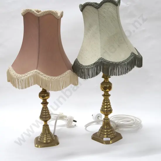 Two Brass Candlesticks Made into Lamps with Shades