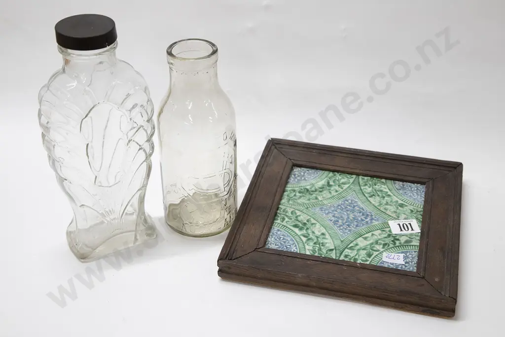 Framed Decorative Tile & Two Vintage Bottles Image 1++