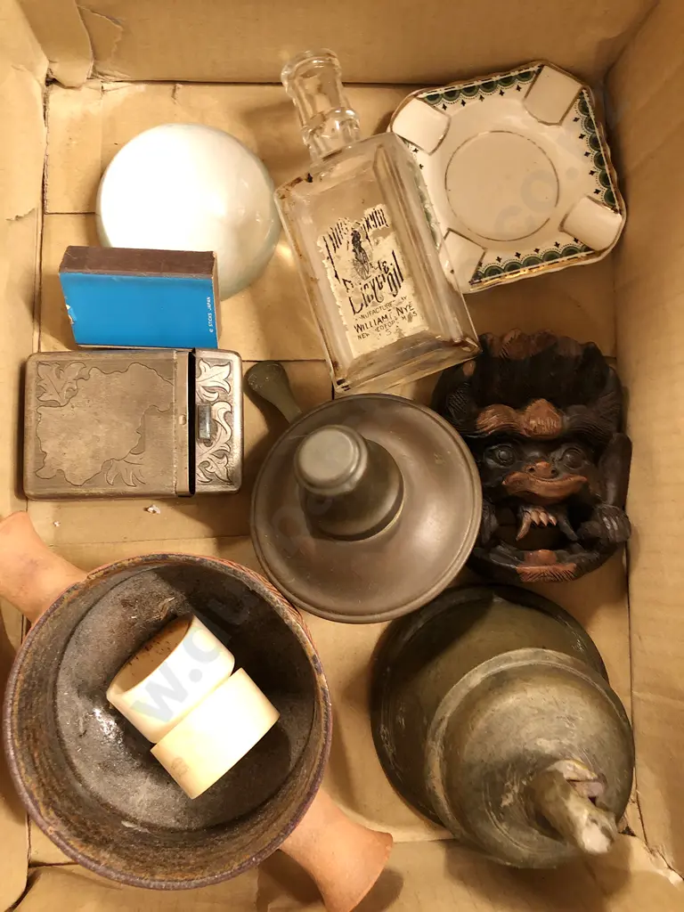 Small Box Assorted Vintage Items incl Ashtrays and Bottle etc Image 1++