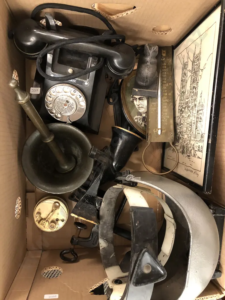 Box of Assorted Vintage Items incl Coffee Grinder and Welders Mask etc Image 1++