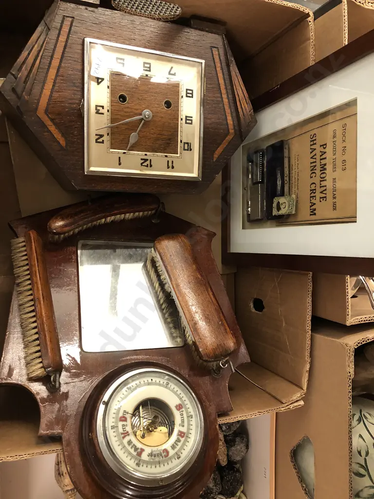 Art Deco Mantle Clock Together with Framed Shaving Display and Barometer Brush Tidy Image 1++