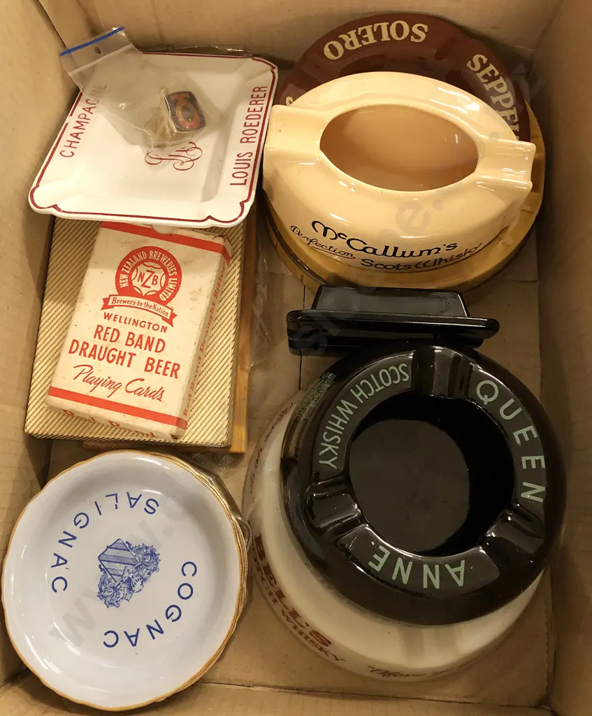 Box of Assorted Alcohol Advertising Ashtrays etc Image 1++