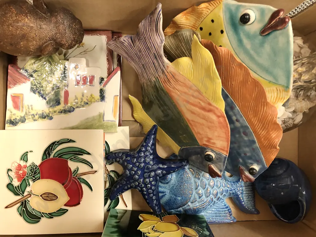 Box of Assorted incl Pottery Wall Hangings and Decorative Tiles Image 1++