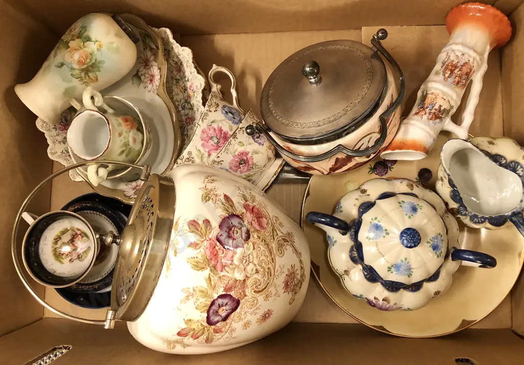 Box of Assorted China incl Biscuit Barrel Image 1++