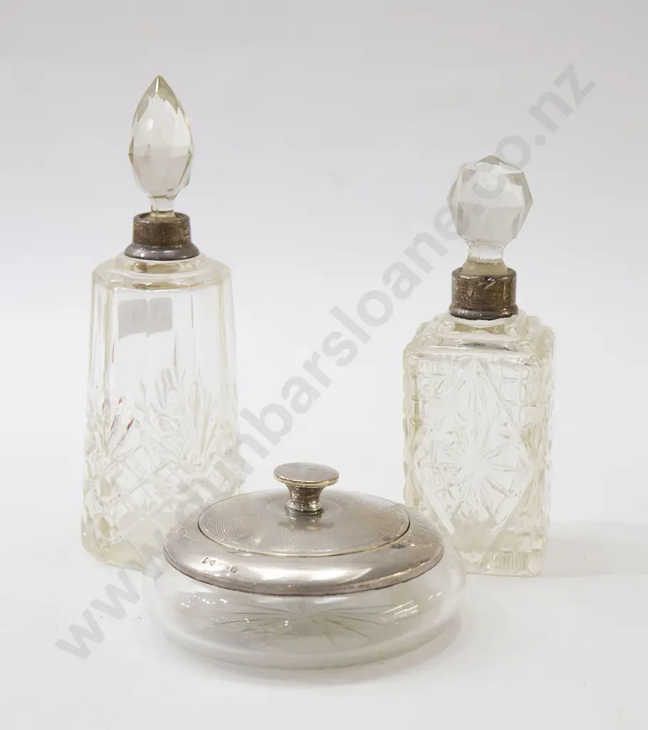 Silver Topped Powder Bowl and Two Glass Scent Bottles Image 1++