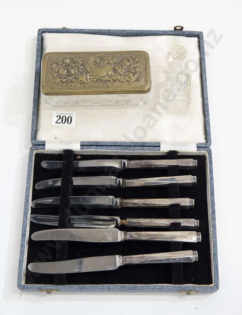 Cased Set of S/S Handled Fruit Knives with Brass Topped Glass Trinket Box and Perfume Bottle Image 1++